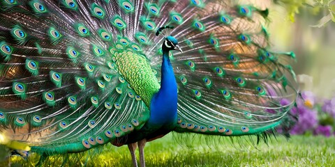 Obraz premium Vibrantly Colored Peacock Displaying Its Majestic Feathers in a Natural Setting