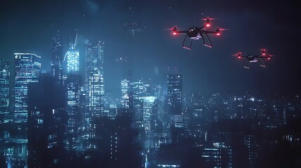 Futuristic cityscape with drones in a night setting.