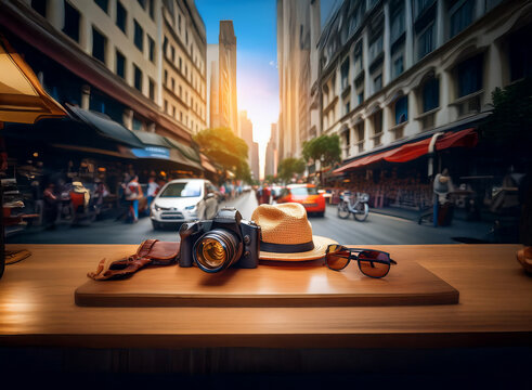A camera, hat, sunglasses, and gloves rest on a counter overlooking a bustling city street at sunset.  The urban scene is vibrant and full of movement.