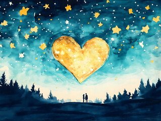 Obraz premium A romantic watercolor scene featuring a large golden heart in a starry night sky, with silhouettes of a couple against a forest backdrop.
