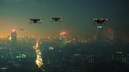 Drones flying over a city at night.