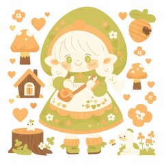 Adorable Girl in Green Dress with Flowers Mushrooms and Cottage Illustration