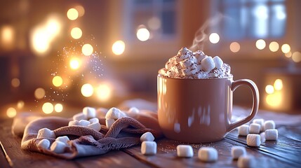 Cozy hot chocolate with marshmallows and ambiance.