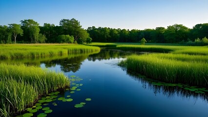 Serene Natural Wetland Scene with Lush Greenery and Calm Waters
