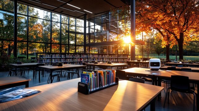 A contemporary library illuminated by autumn sunlight filtering through glass walls, showcasing books and inviting spaces, encouraging study and immersing visitors in nature's beauty.