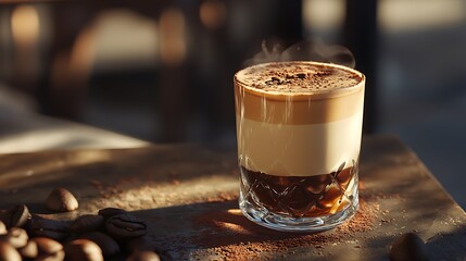 A layered coffee drink with steam and coffee beans.