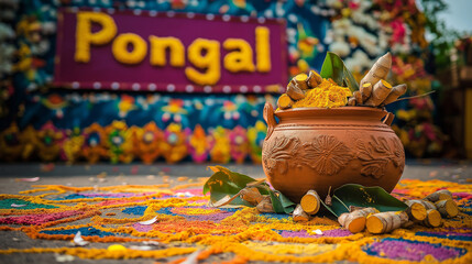 A vibrant photo of a traditional Pongal celebration, featuring a clay pot overflowing with sweet Pongal, adorned with turmeric leaves and sugarcane. In the background, a colorful rangoli design