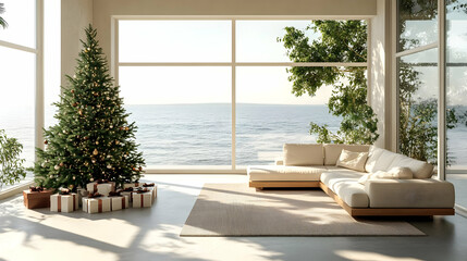 Christmas Tree Illuminates Coastal Living Room Beautifully and Brightly during Sunset