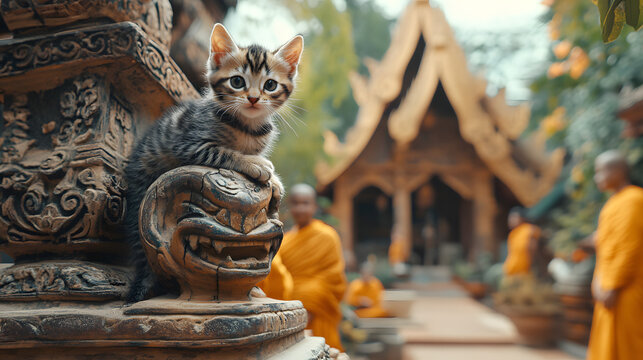 A playful kitten climbing a carved wooden statue in a Thai temple courtyard, with monks tending to the grounds and the aroma of incense in the air 