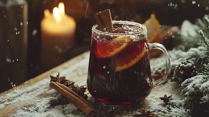 Warm spiced drink with cinnamon and orange slices.