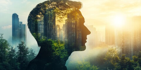 Businessman, CEO and abstract environmental mockup for mindfulness, business and ecosystem. Head silhouette, double exposure