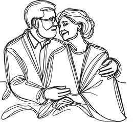 Romantic Line Art Illustrations of Elderly Couples in Vector