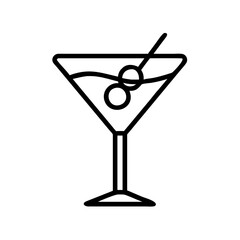 martini glass with olive icon, drinks line art, drinks vector - simple black line art icon of martini glass with olive perfect for logos, and drinks-themed designs.