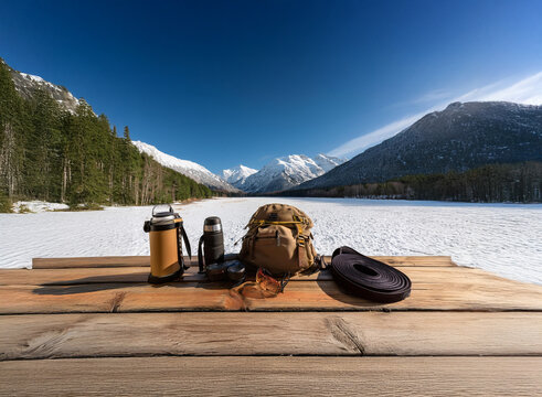 Winter camping gear rests on a wooden picnic table overlooking a snow-covered lake and majestic mountains under a vibrant blue sky. A peaceful, scenic winter adventure awaits. - Powered by Adobe