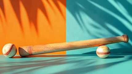 Baseball Bat Rests with Balls on Vibrant Background with Palm Shadows