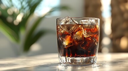 A glass of dark beverage with ice cubes.
