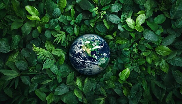 Ecofriendly green energy solutions for sustainable environment, top view of green forest with globe earth, carbon reduction and Earth Day environmental care concept