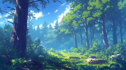 Woodland forest background in anime cartoon style