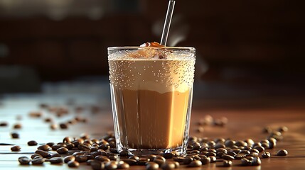 Iced coffee drink with coffee beans around it.