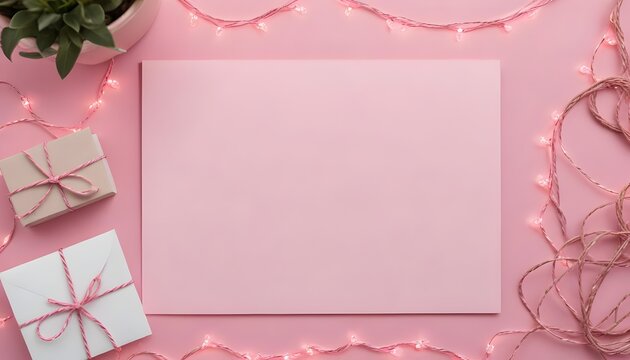 Flat lay blank greeting card mockup on pink table with pink string lights