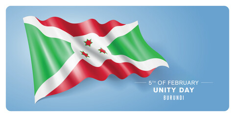 Burundi unity day vector banner, greeting card. Burundian wavy flag in 5th of February patriotic holiday horizontal design with realistic flag