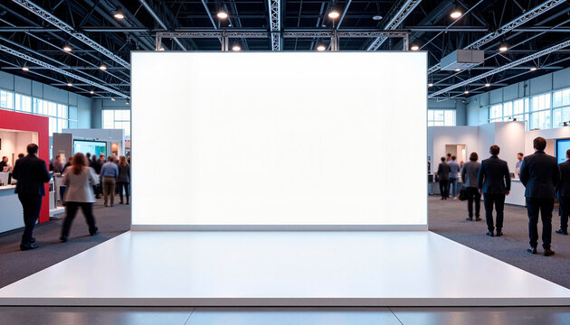 Large blank trade show banner in busy exhibition center, promotional display