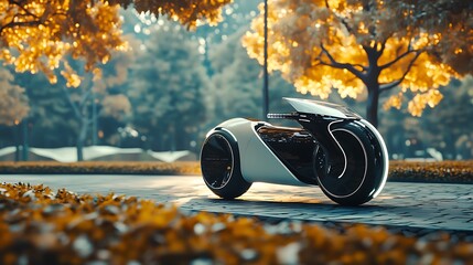 Futuristic motorcycle in a serene autumn setting.