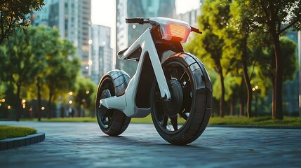 Futuristic electric bike in a city park setting.