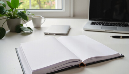 Fototapeta premium Minimalist open A5 book on office desk with laptop, creative potential