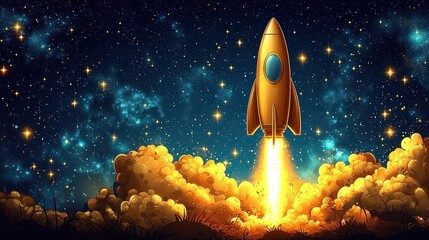 Fototapeta premium Golden Rocket Launching into a Starry Night