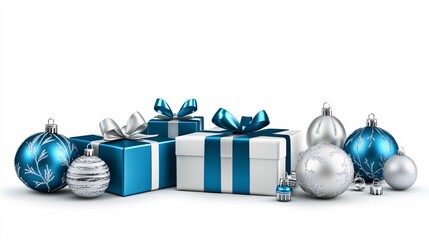A festive arrangement of blue and silver Christmas gifts and ornaments, creating a cheerful holiday atmosphere.