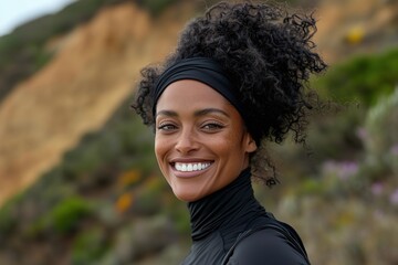 Smiling Woman Embracing Nature in Active Lifestyle Portrait