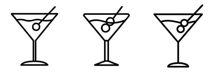 martini glass with olive icon, drinks line art, drinks vector - simple black line art icon of martini glass with olive perfect for logos, and drinks-themed designs.