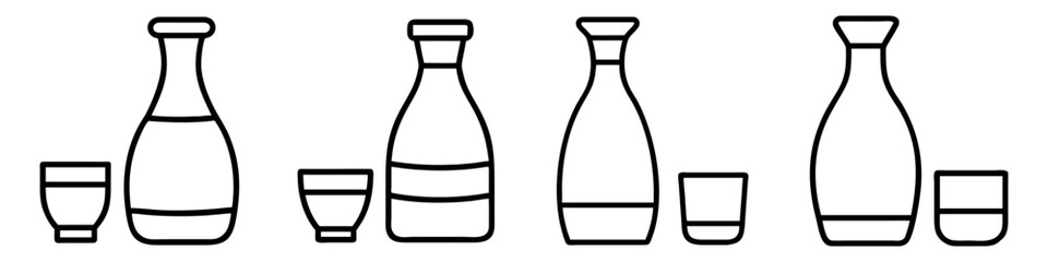 sake bottle and cup icon, drinks line art, drinks vector - simple black line art icon of sake bottle and cup perfect for logos, and drinks-themed designs.