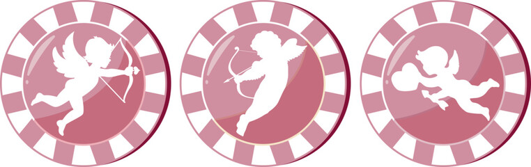 set of pink poker chips with a design for St. Valentine's Day, namely prints of cupids holding a crossbow and cupid's arrows