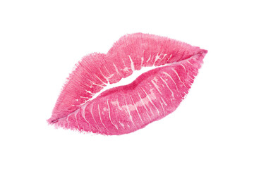 A vivid detailed pink lipstick kiss impression on a white background, symbolizing romance, affection, or a playful gesture, isolated on a transparent background