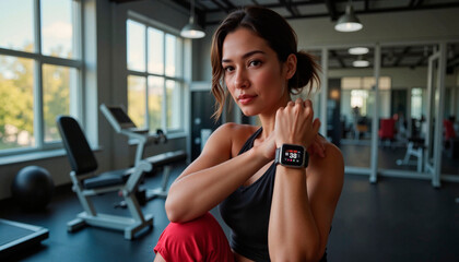 Fitness-focused woman checking smartwatch stats in modern gym, health awareness