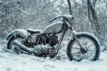 A rusty vintage motorcycle abandoned in a snowy winter forest, covered in snow.