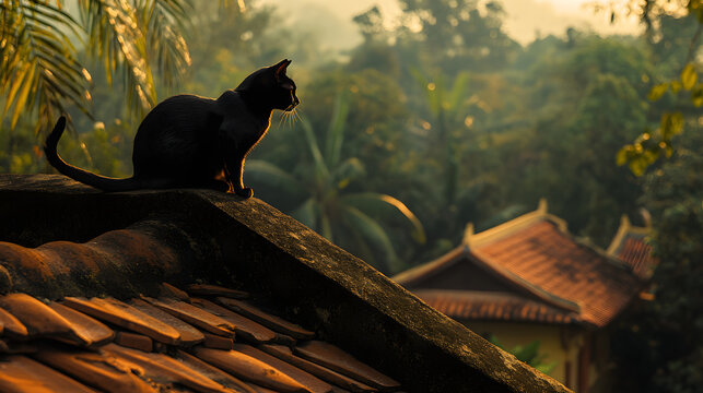 A sleek black cat perched on the edge of a rooftop in a traditional Thai village, gazing out over terracotta tiles and dense jungle foliage beyond 