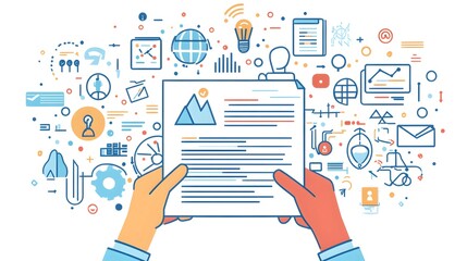 Line art vector graphic of hands holding a paper document with business icons around it, on a white background