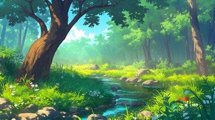 Woodland forest background in anime cartoon style