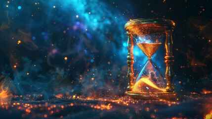 A surreal depiction of a floating hourglass with glowing sand and cosmic background