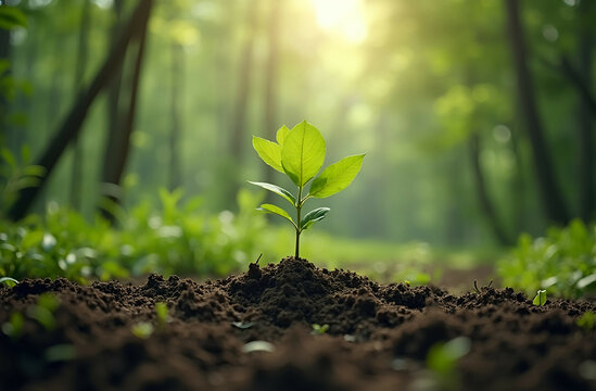 A serene forest with young saplings growing on reforested land. Sustainable and Eco-Friendly Living. Generative AI