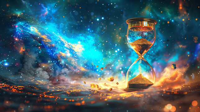 A surreal depiction of a floating hourglass with glowing sand and cosmic background