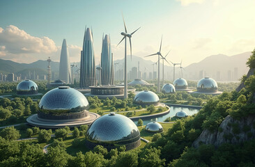 Naklejka premium A futuristic city powered by solar and wind energy. Sustainable and Eco-Friendly Living. Generative AI