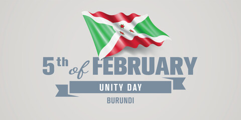 Burundi happy unity day greeting card, banner vector illustration. Burundian national holiday 5th of February design element with realistic flag