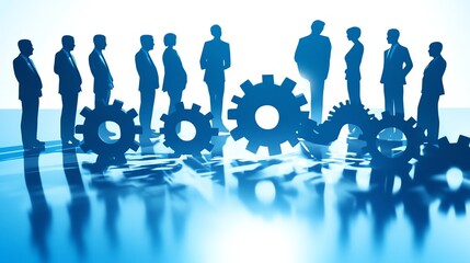 Gear-Laden Silhouettes Collaborating Against Blue Background in Corporate Setting