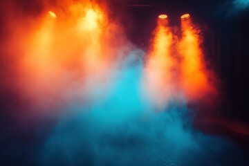 Fototapeta premium Vibrant lights pierce through swirling fog, creating a captivating atmosphere for an energetic performance