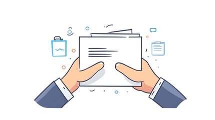 Line art vector graphic of hands holding a paper document with business icons around it, on a white background
