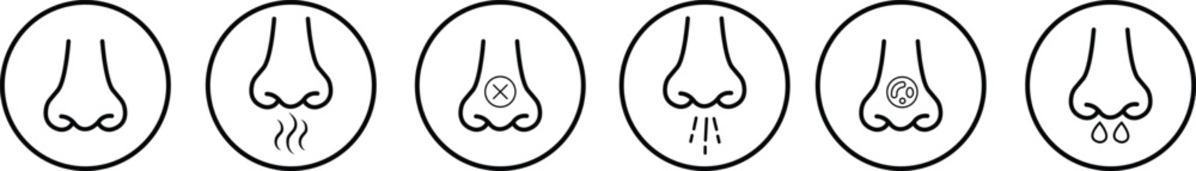 Nose icon set related with nasal. Contains monochrome line vector collection like nasal, smell, organ, breathe, sneeze, sniff and more. Simple outline sign isolated on transparent background.